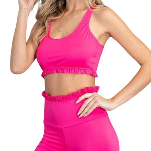 143 Story Lizzy Two Piece Hot Pink Ruffle High Waist Legging Crop Tank Set - Picture 2 of 16